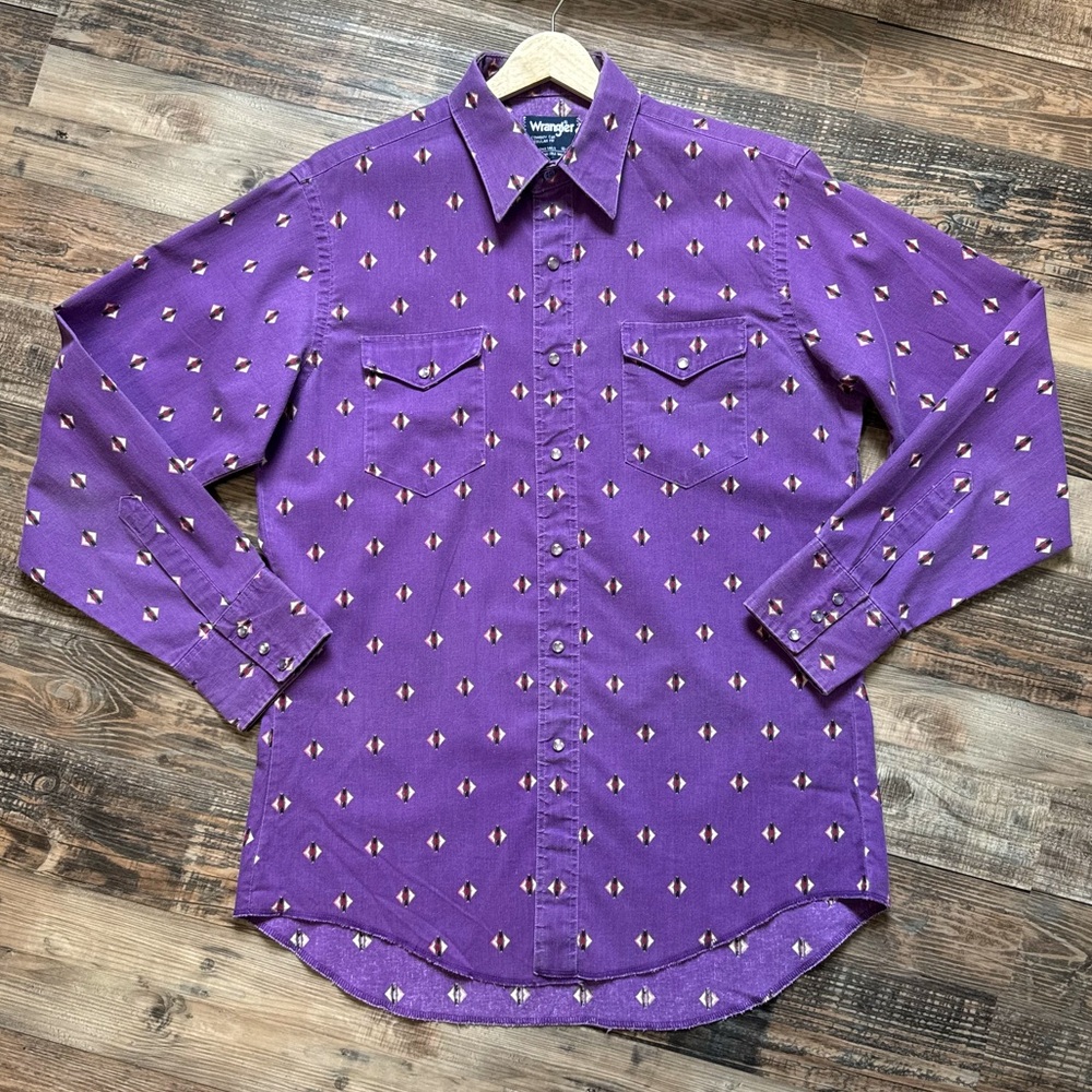 Vintage Wrangler Cowboy Cut Snap Shirt Purple Aztec Western Made in USA